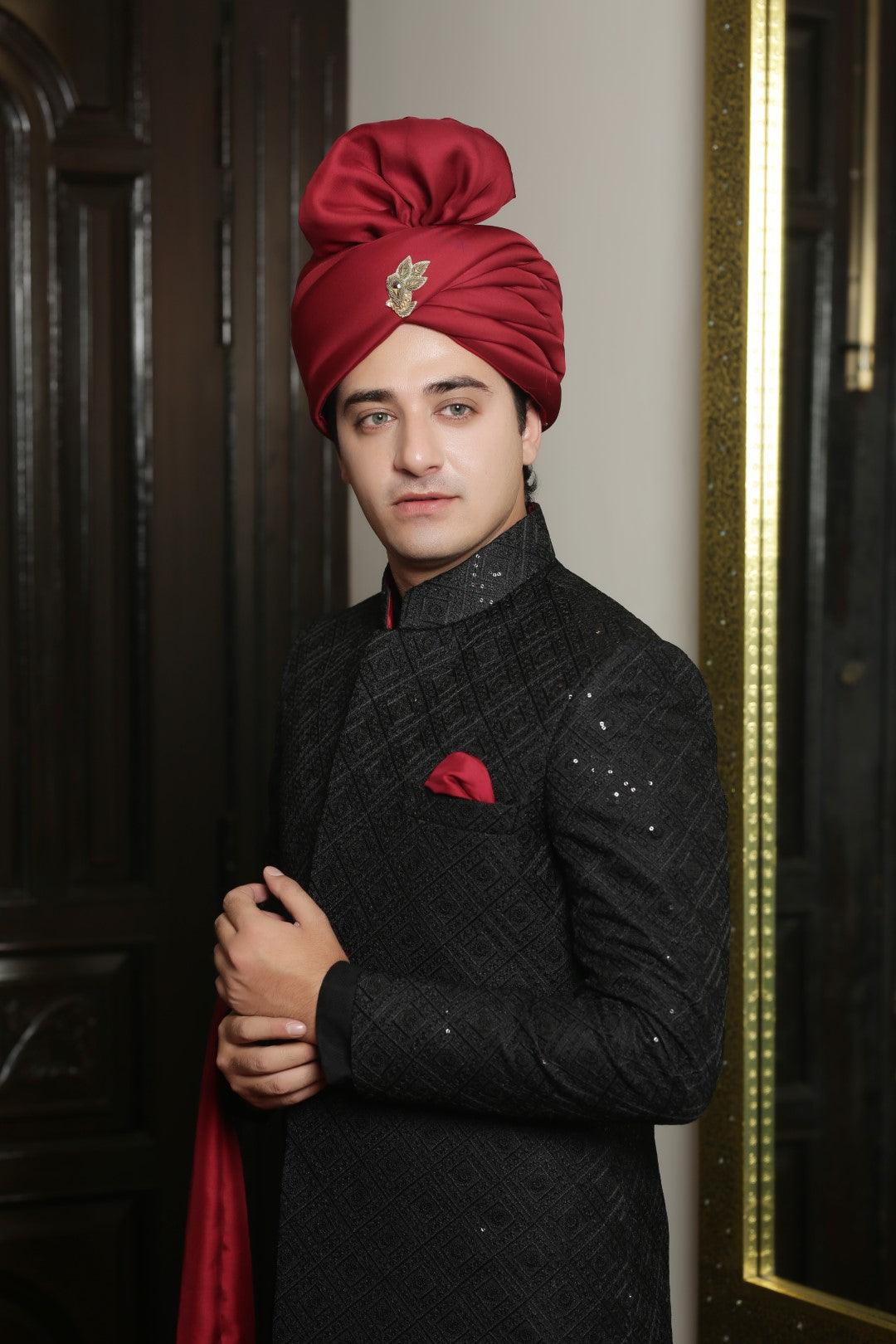Black Hand Embroidered Velvet Sherwani (3-Piece) - Image 2