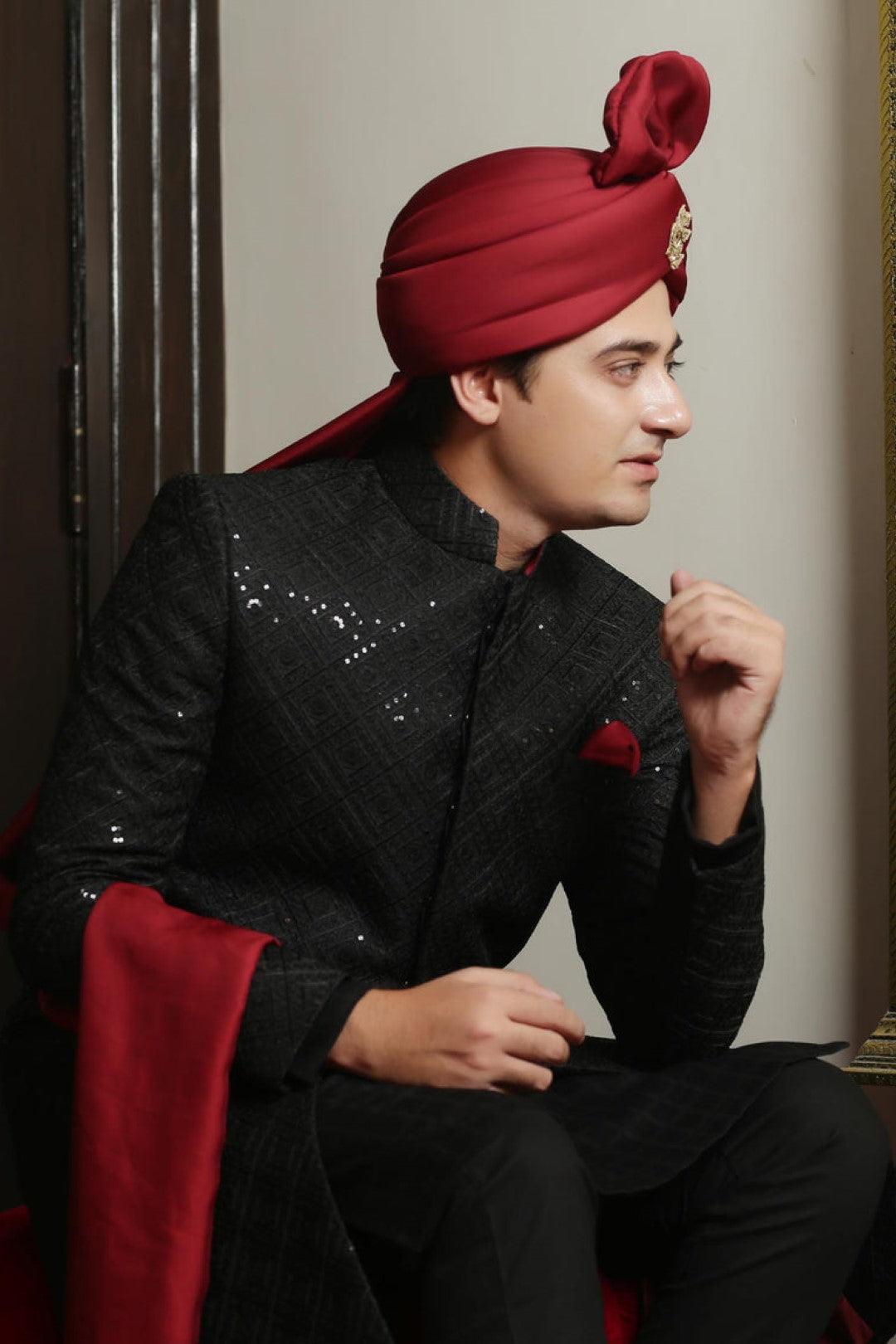 Black Hand Embroidered Velvet Sherwani (3-Piece) - Image 3