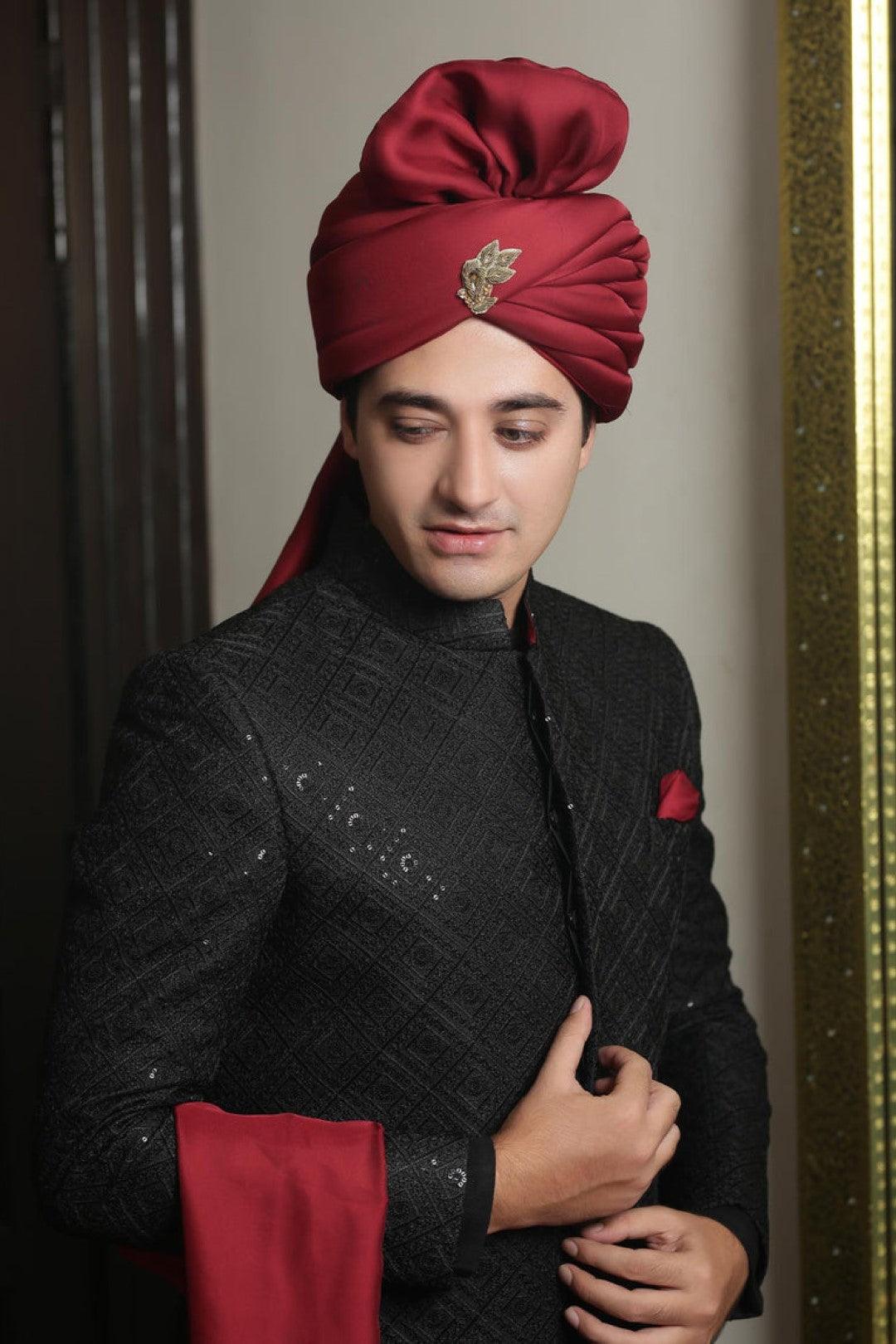 Black Hand Embroidered Velvet Sherwani (3-Piece) - Image 4