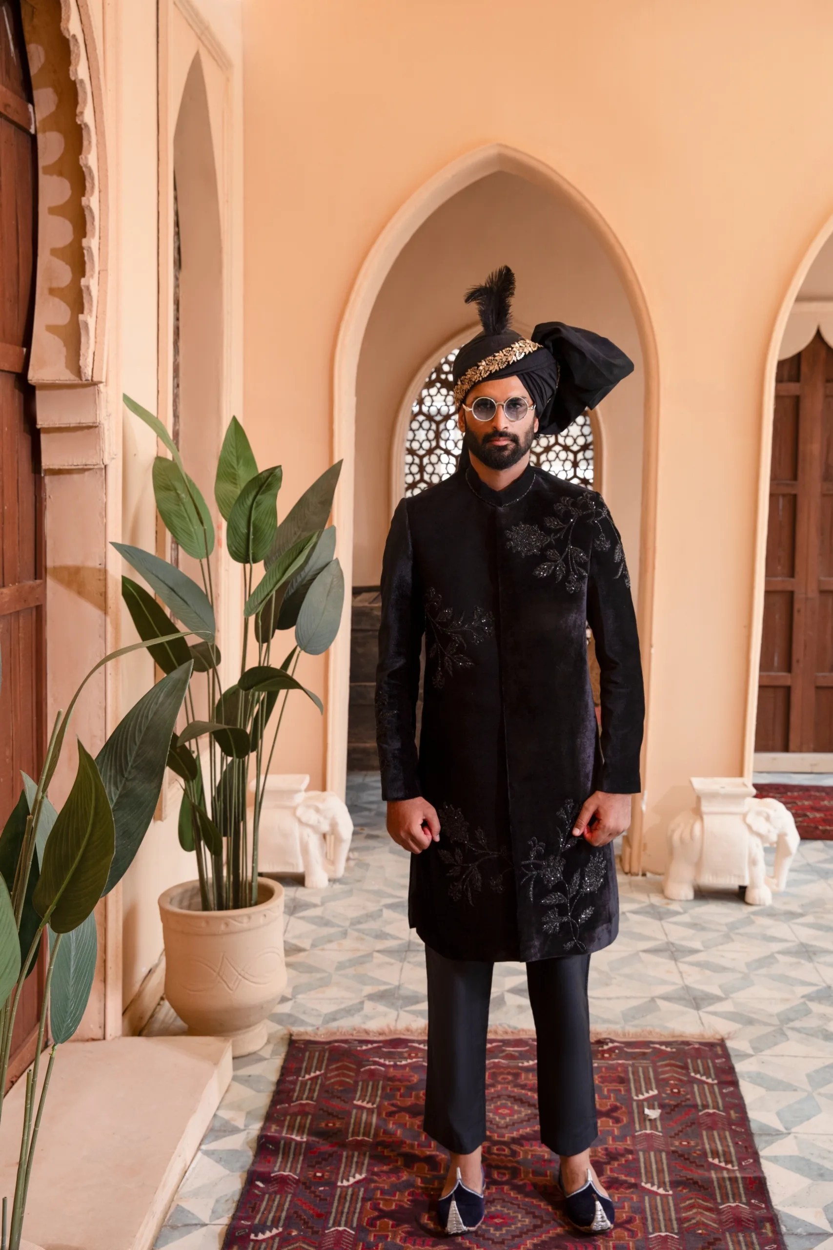 Black Cut Dana Velvet Groom Sherwani (2-Piece) - Image 2