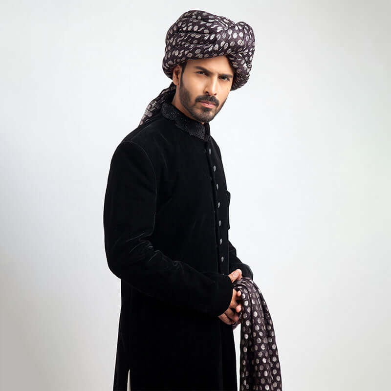 Black Zardozi Velvet Groom Sherwani (5-Piece) - Image 2