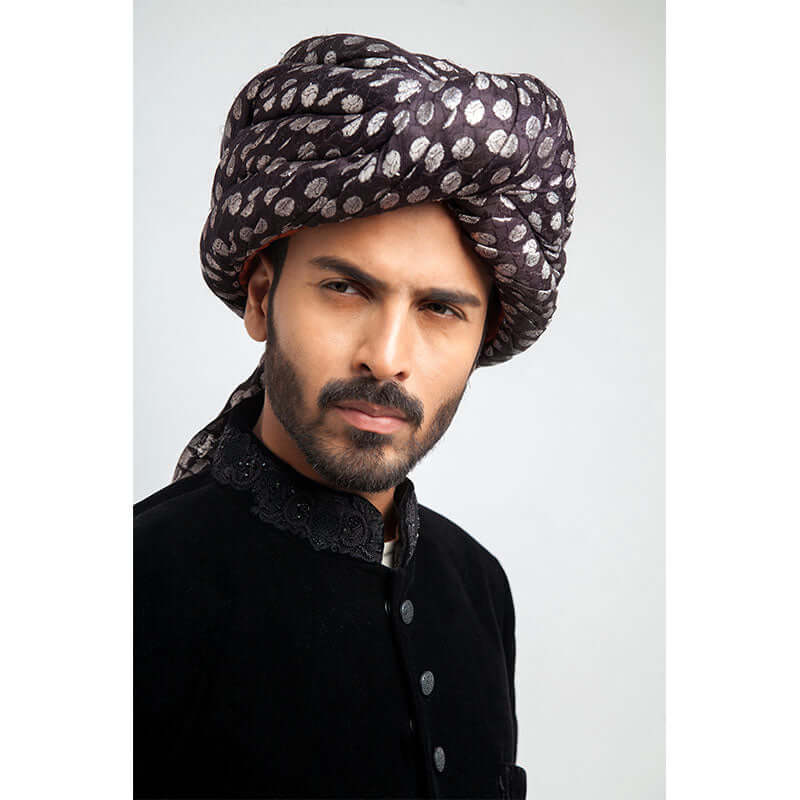 Black Zardozi Velvet Groom Sherwani (5-Piece) - Image 3