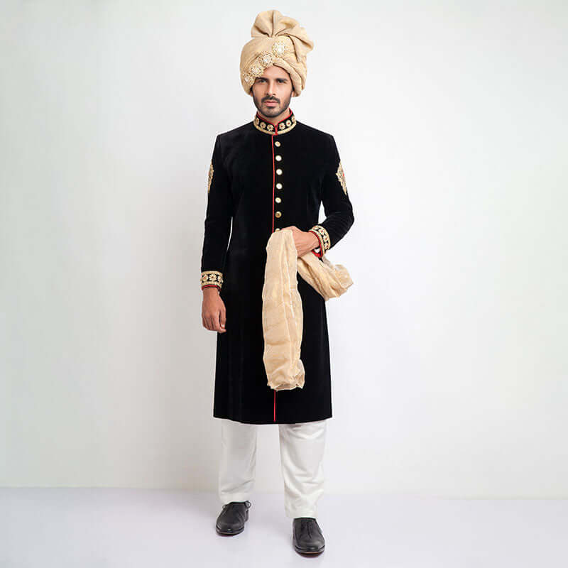 Jet Black Zardozi Velvet Groom Sherwani (3-Piece) - Image 1