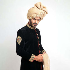 Jet Black Zardozi Velvet Groom Sherwani (3-Piece) - Image 4