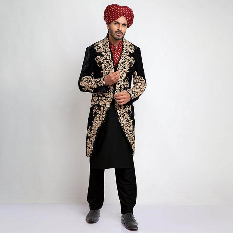 Black Velvet Sherwani with Heavy Anchor Threadwork (3-Piece) - Image 1