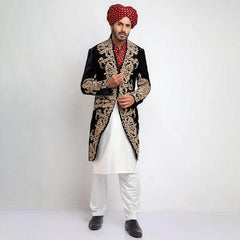 Black Velvet Sherwani with Heavy Anchor Threadwork (3-Piece) - Image 3