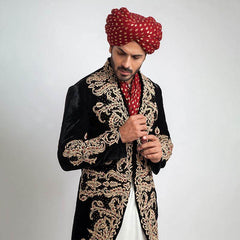 Black Velvet Sherwani with Heavy Anchor Threadwork (3-Piece) - Image 4