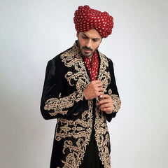 Black Velvet Sherwani with Heavy Anchor Threadwork (3-Piece) - Image 5
