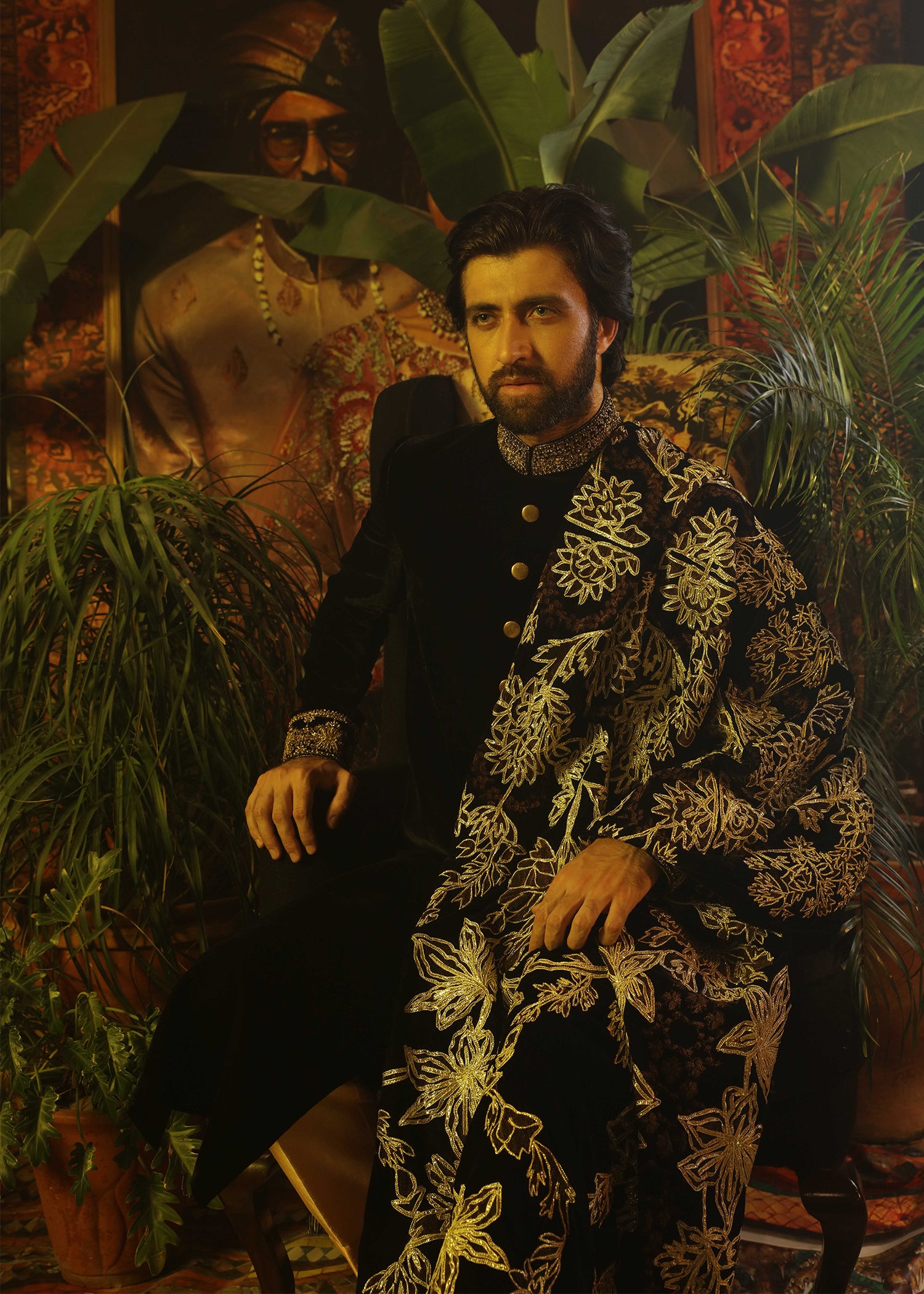 Black Embroidered Velvet Groom Sherwani (3-Piece) - Image 1