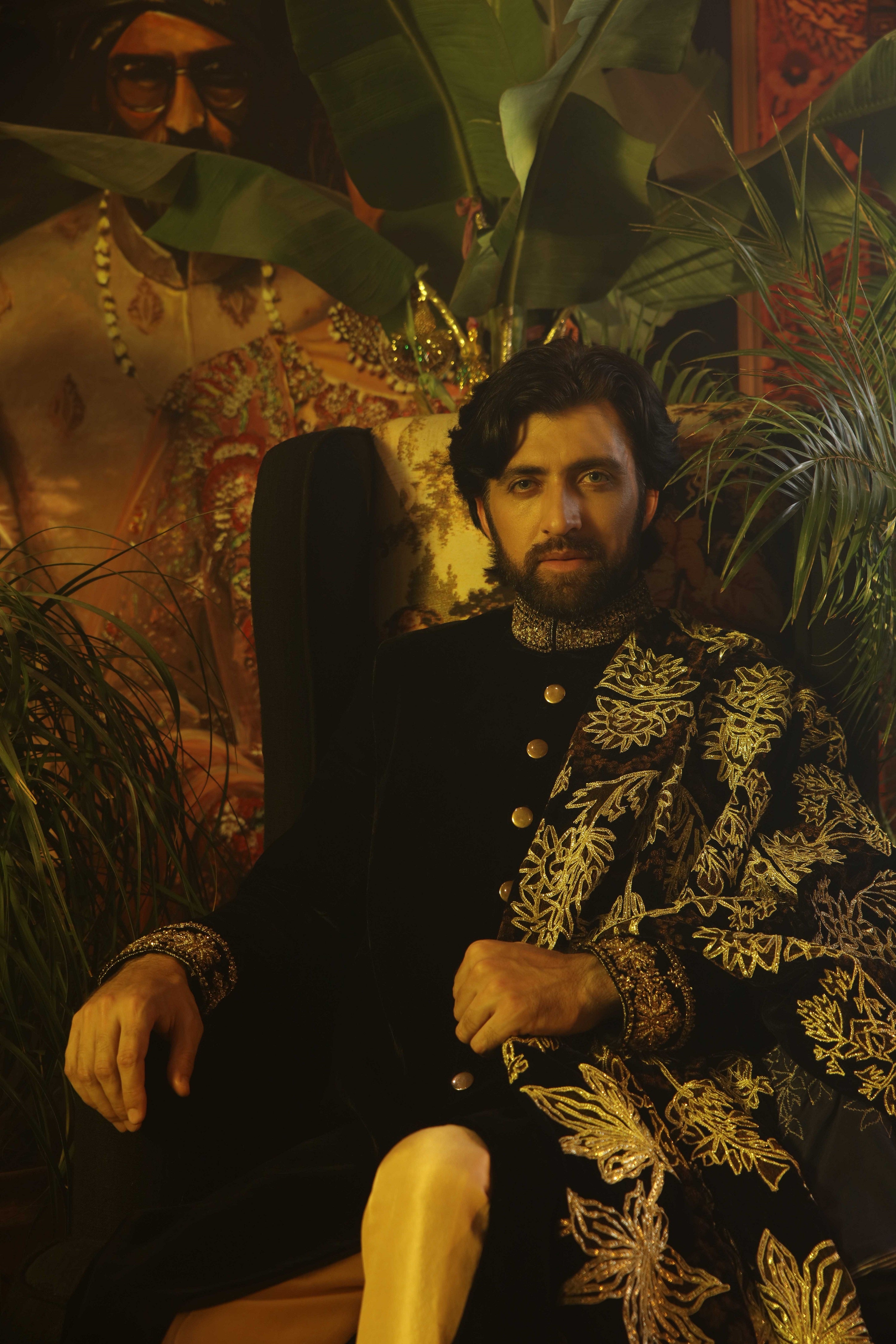 Black Embroidered Velvet Groom Sherwani (3-Piece) - Image 2