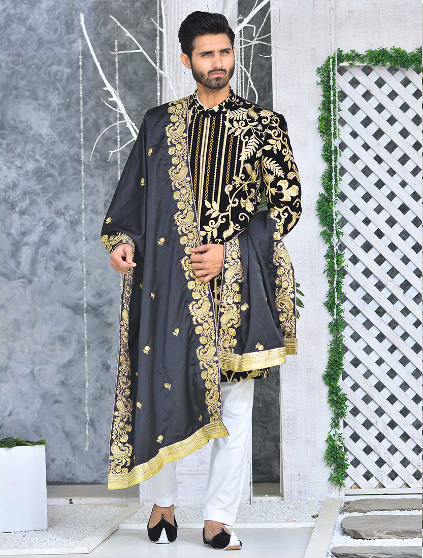 Black Gold Embroidered Velvet Groom Sherwani (3-Piece) - Image 1