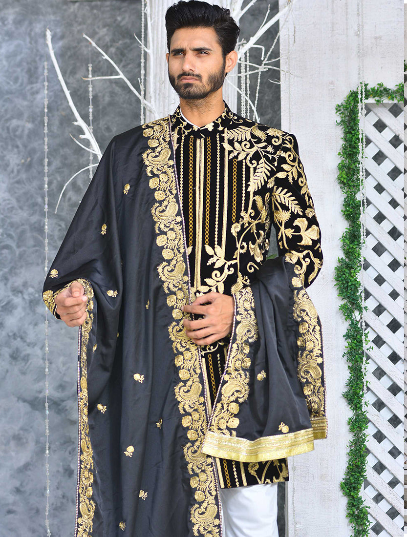 Black Gold Embroidered Velvet Groom Sherwani (3-Piece) - Image 2