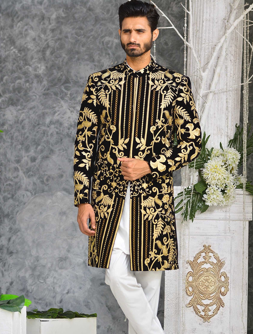 Black Gold Embroidered Velvet Groom Sherwani (3-Piece) - Image 4