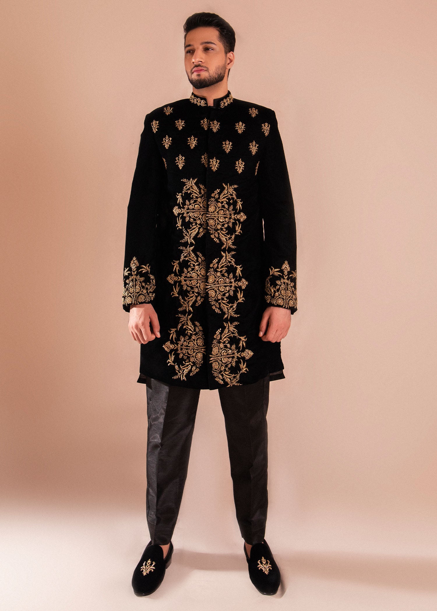 Black Velvet Sherwani with Gold Naqshi & Dapka (2-Piece) - Image 4