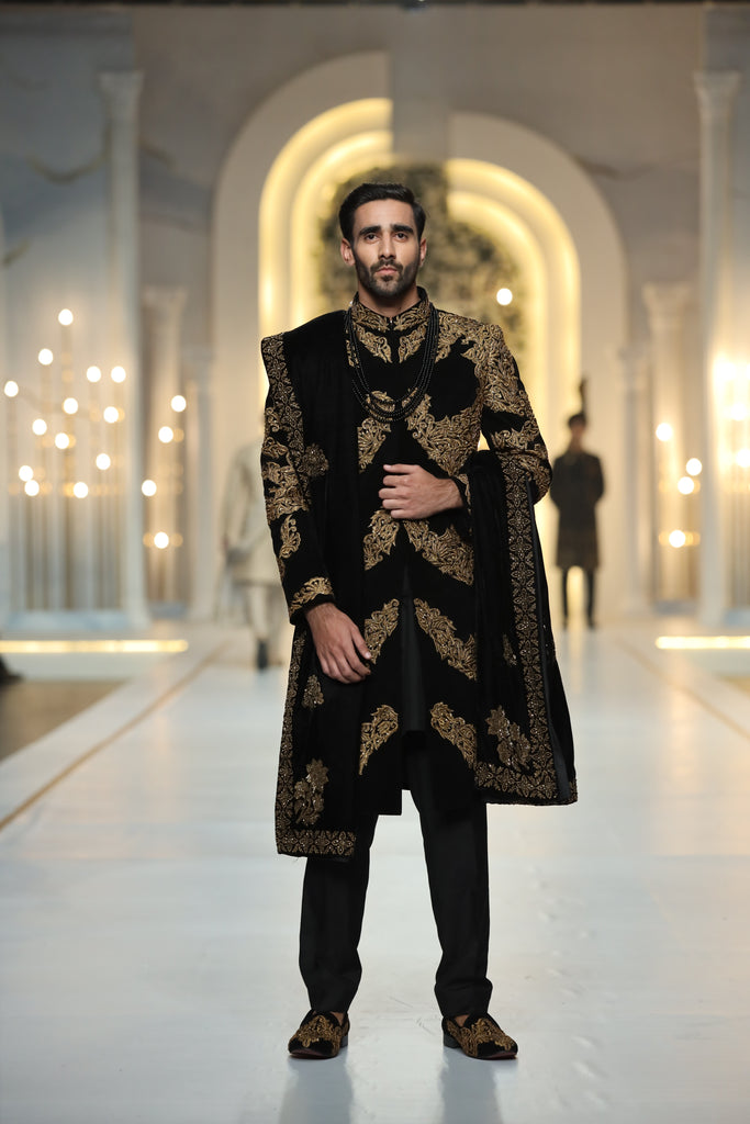 Black Golden Embroidered Velvet Groom Sherwani (3-Piece) - Image 1
