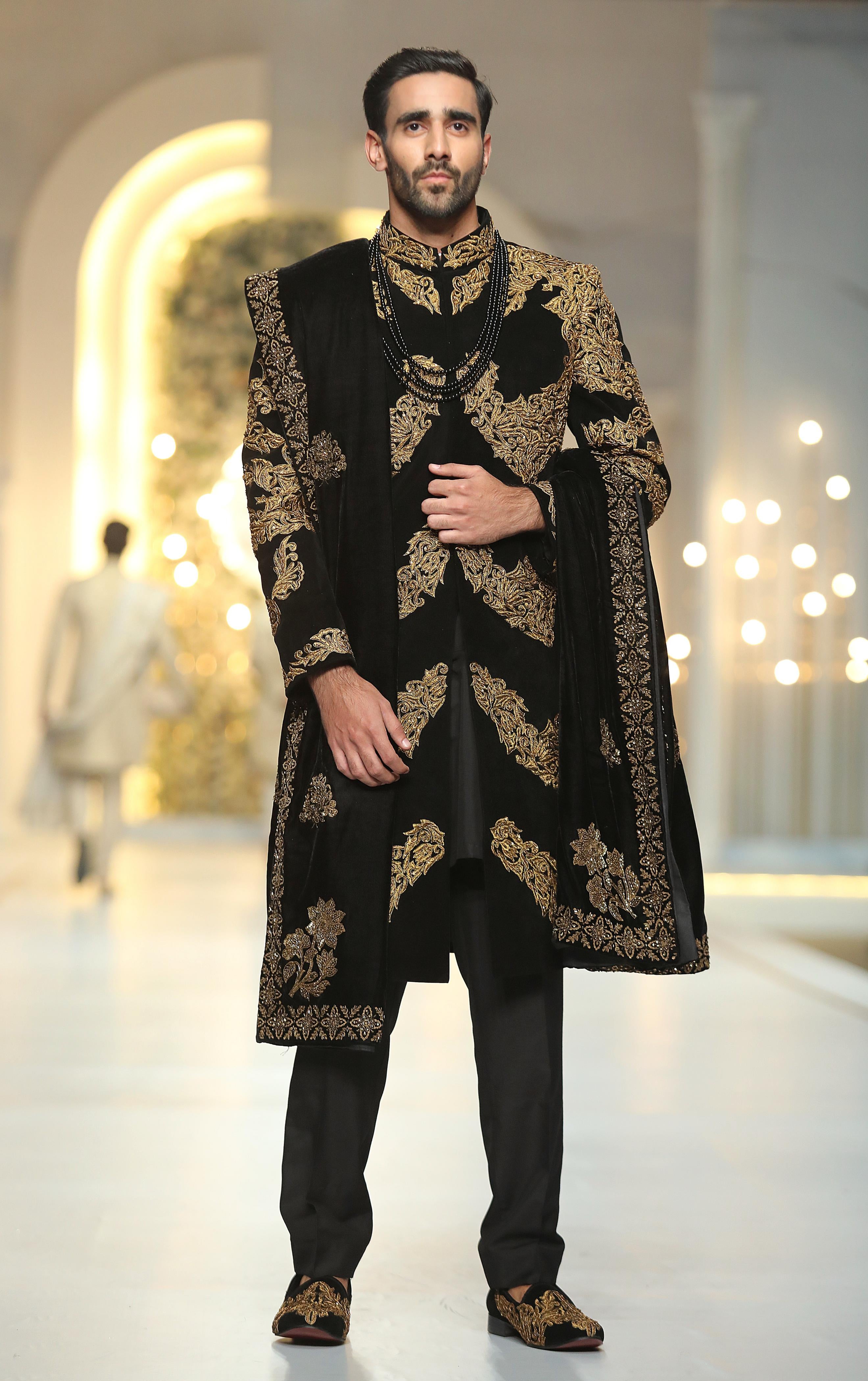 Black Golden Embroidered Velvet Groom Sherwani (3-Piece) - Image 4