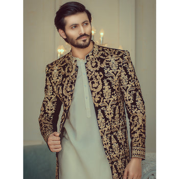 Gold-Copper Embroidered Velvet Groom Sherwani (2-Piece) - Image 1