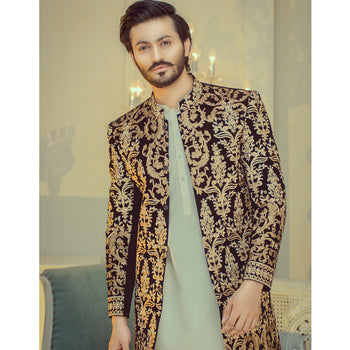 Gold-Copper Embroidered Velvet Groom Sherwani (2-Piece) - Image 2
