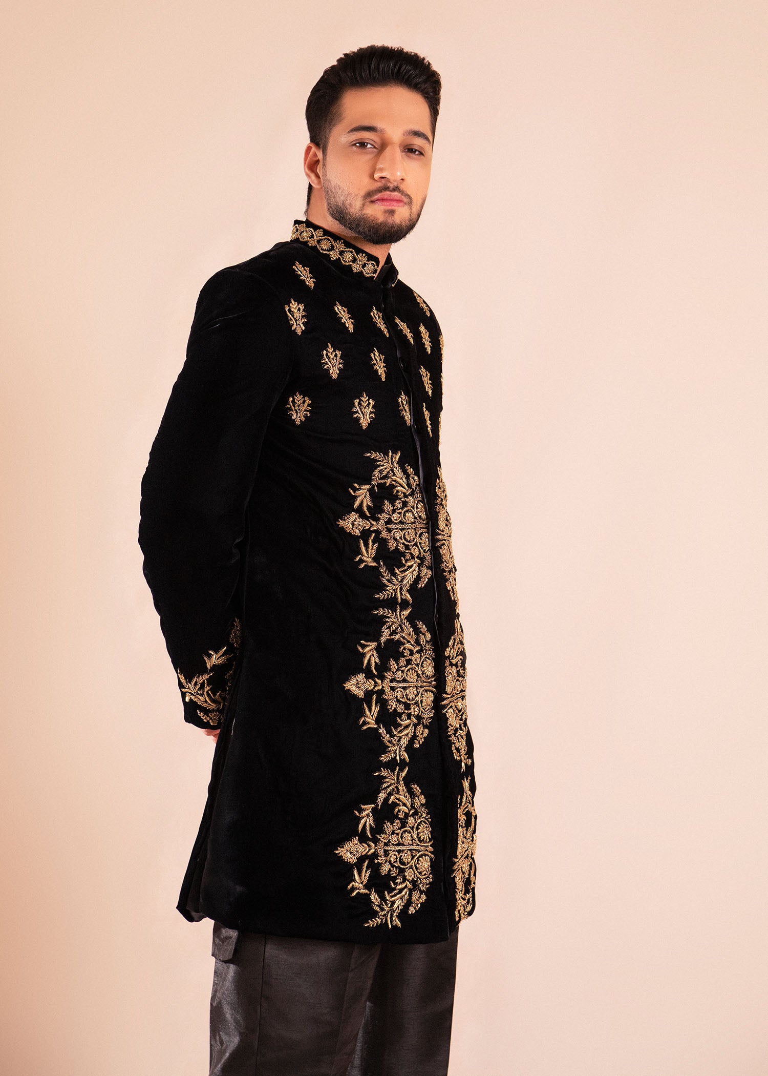 Black Velvet Sherwani with Gold Naqshi & Dapka (2-Piece) - Image 5
