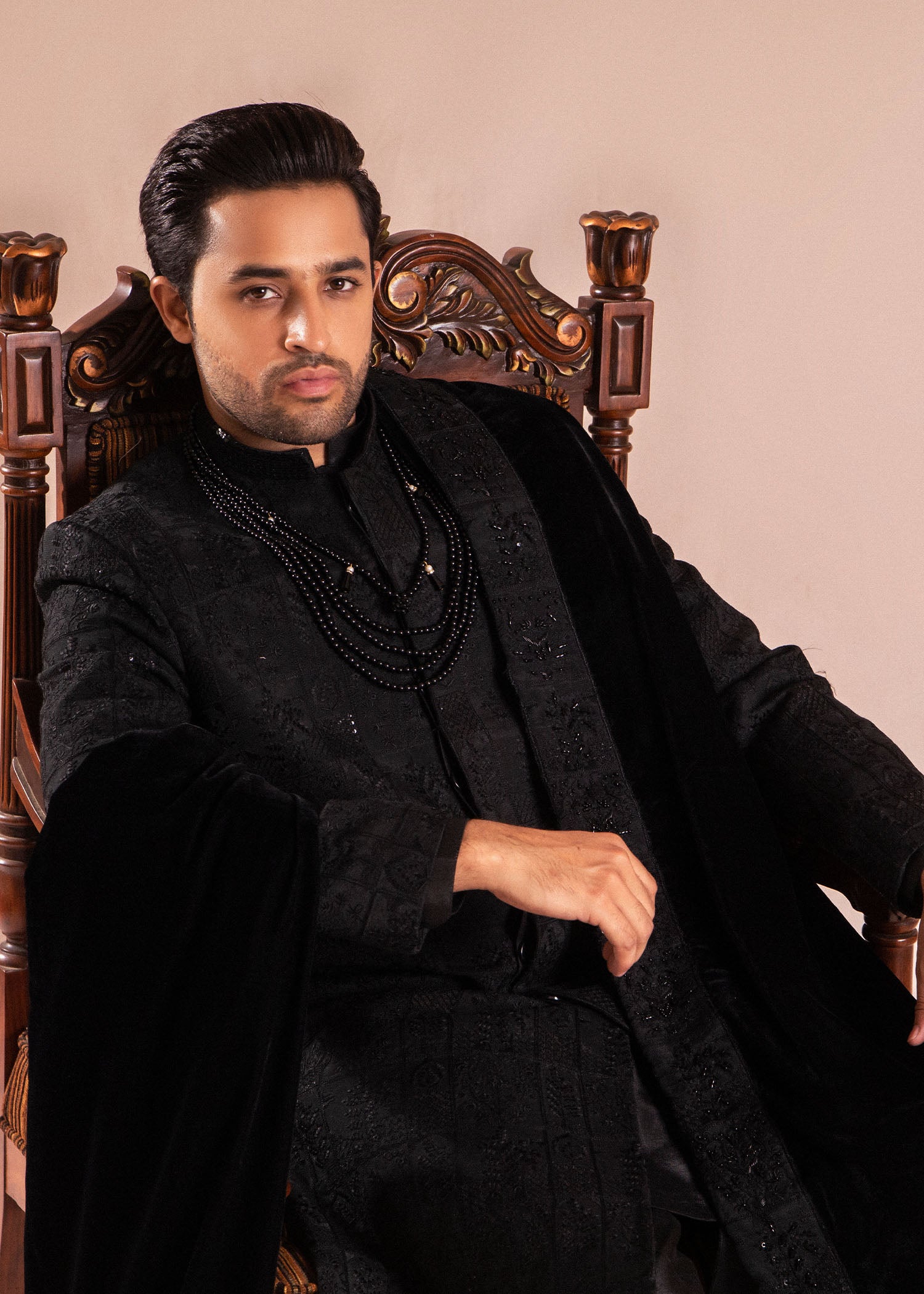 Black Hand-Embellished Velvet Shawl (1-Pc) - Image 2