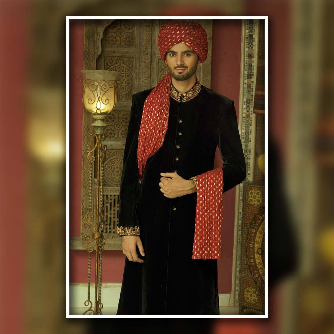 Black Embroidered Velvet Groom Sherwani (3-Piece) - Image 1