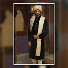 Black Velvet Groom Sherwani (4-Piece) - Image 2