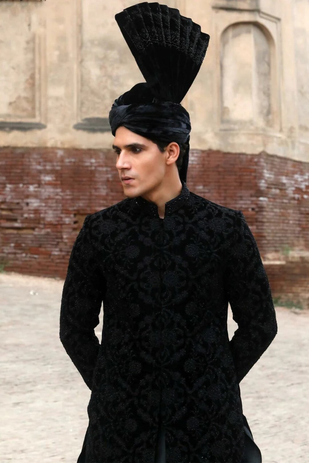 Black Adda Work Velvet Sherwani (3-Piece) - Image 2