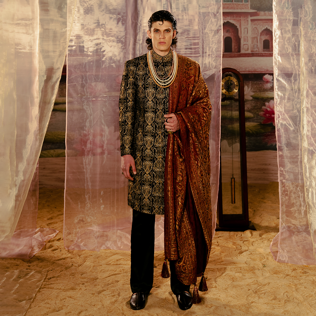 Black Velvet Embroidered Sherwani (3-Piece) - Image 1