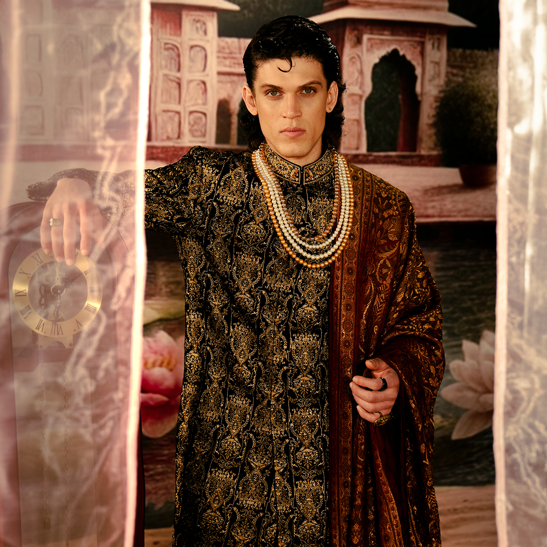Black Velvet Embroidered Sherwani (3-Piece) - Image 2