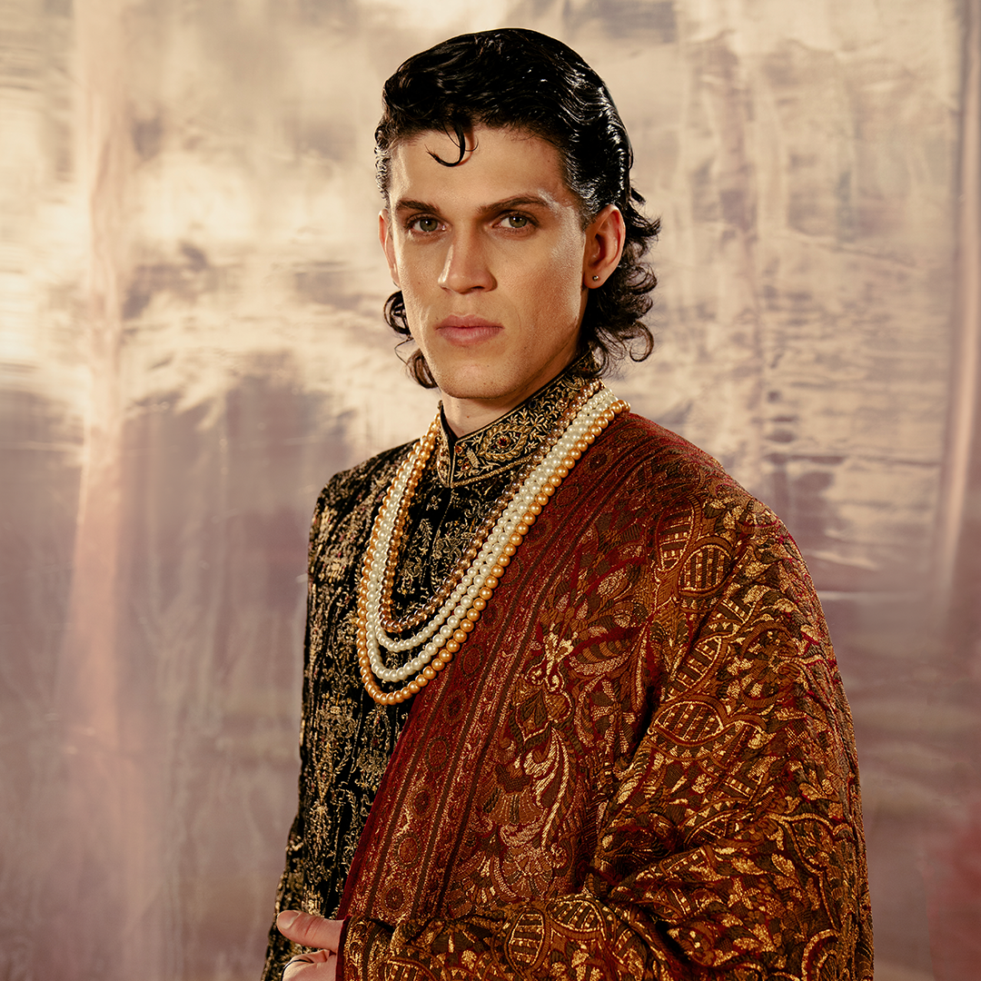 Black Velvet Embroidered Sherwani (3-Piece) - Image 3