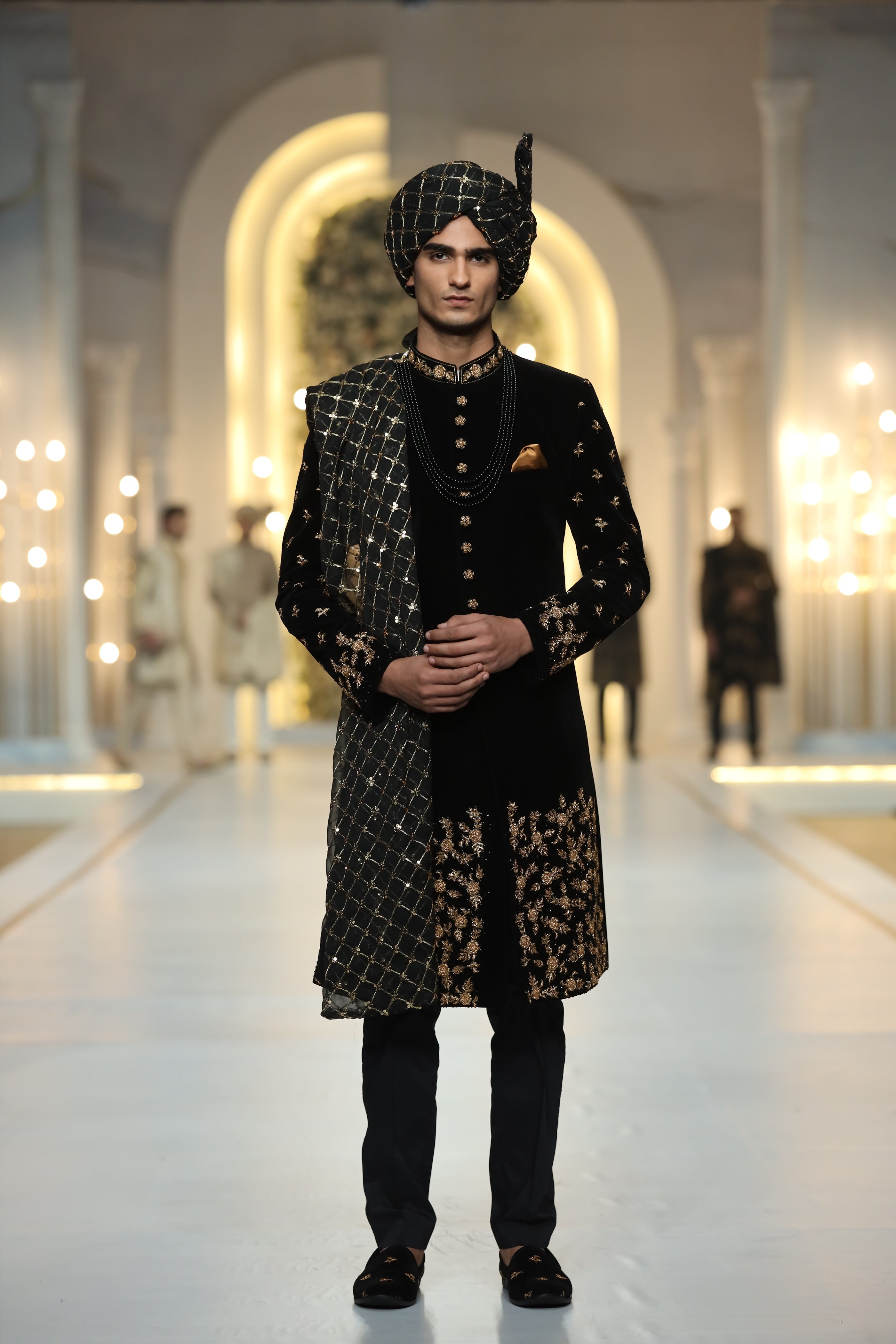 Black Velvet Golden Embroidered Sherwani (3-Piece) - Image 2