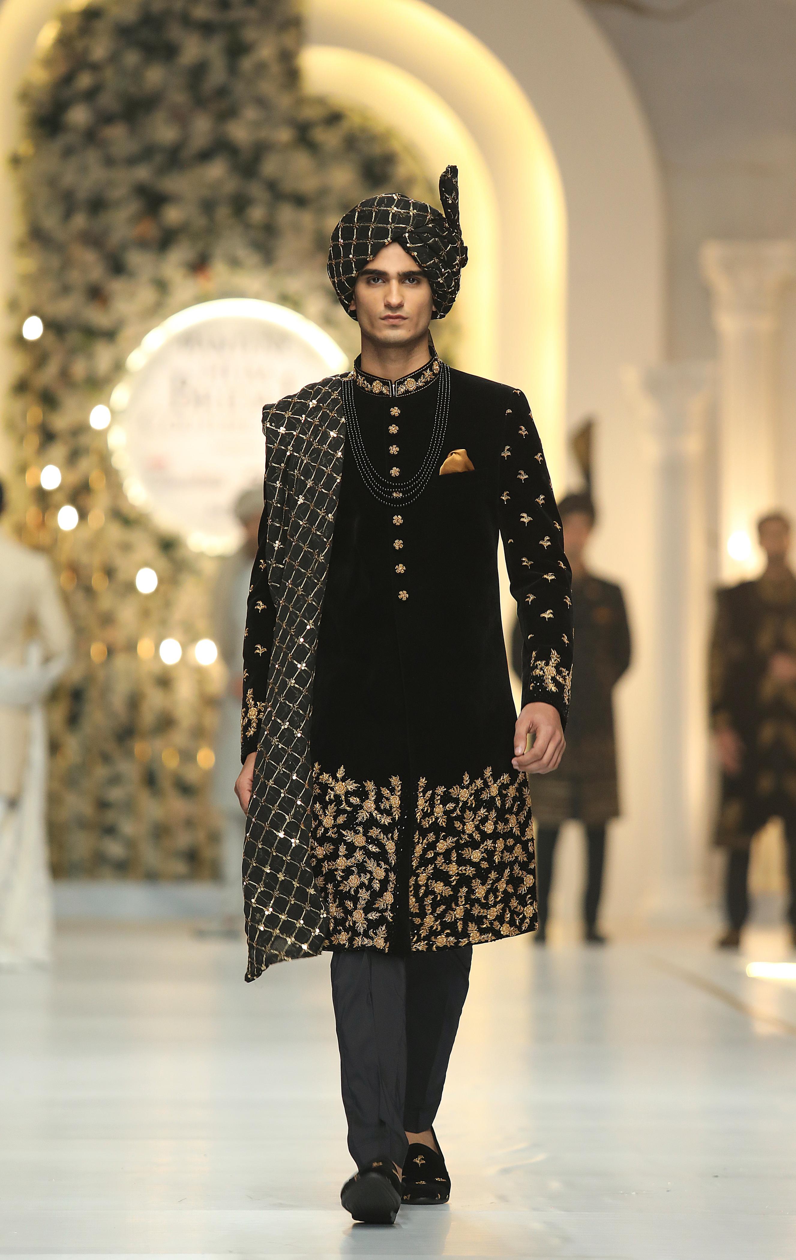 Black Velvet Golden Embroidered Sherwani (3-Piece) - Image 3