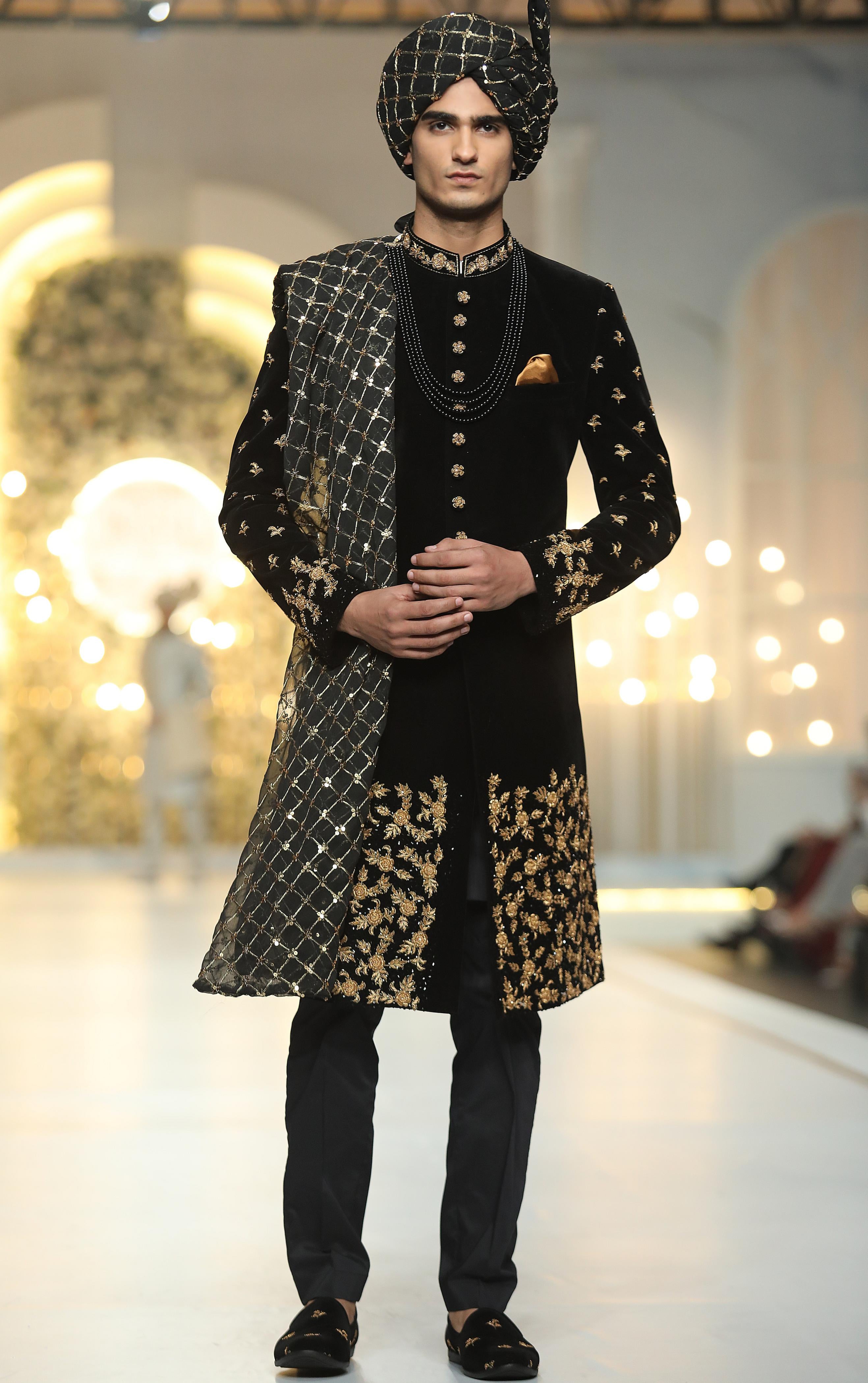 Black Velvet Golden Embroidered Sherwani (3-Piece) - Image 4