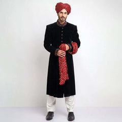 Jet Black Zardozi Velvet Groom Sherwani (3-Piece) - Image 2