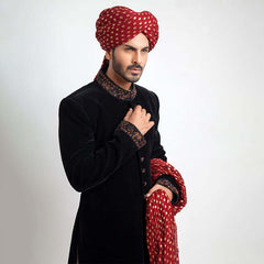 Jet Black Zardozi Velvet Groom Sherwani (3-Piece) - Image 3