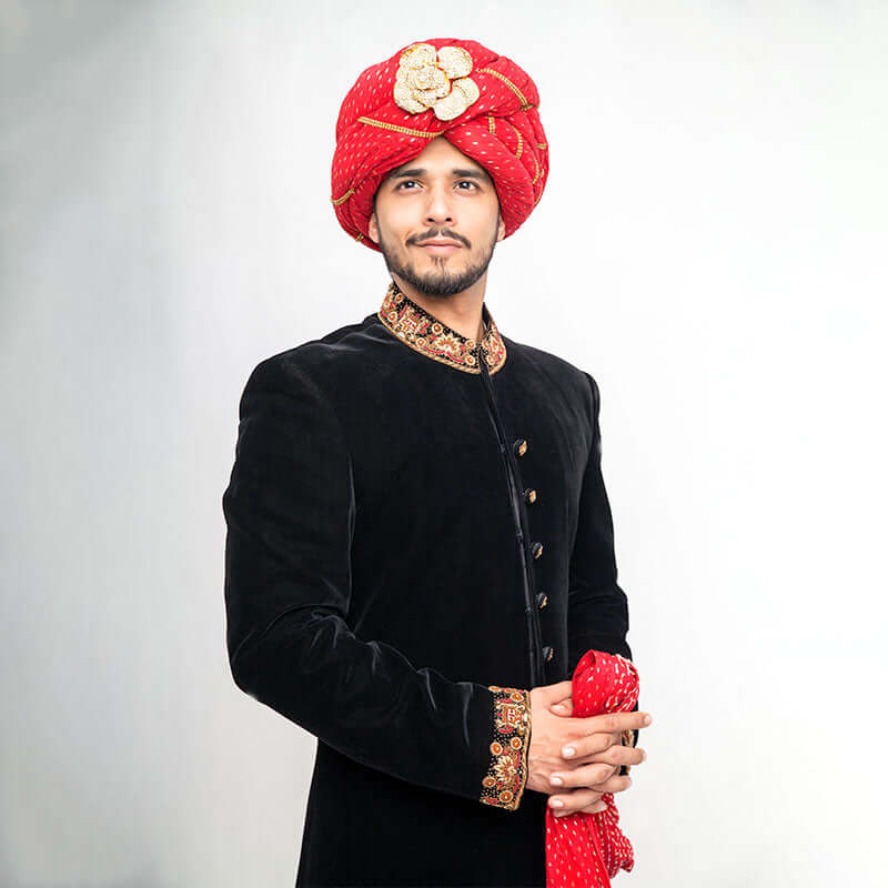 Jet Black Zardozi Velvet Groom Sherwani (5-Piece) - Image 3