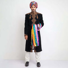 Black Zardozi Velvet Groom Sherwani (3-Piece) - Image 2