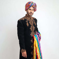 Black Zardozi Velvet Groom Sherwani (3-Piece) - Image 4
