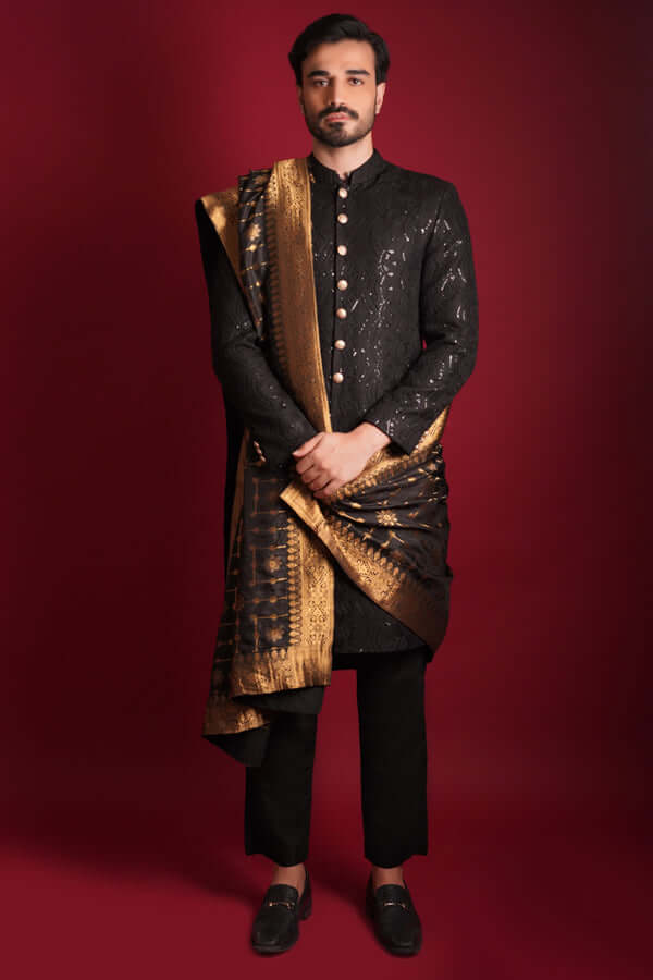 Jet Black Embroidered Wool Blend Sherwani (3-Piece) - Image 1