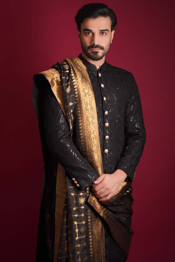 Jet Black Embroidered Wool Blend Sherwani (3-Piece) - Image 2