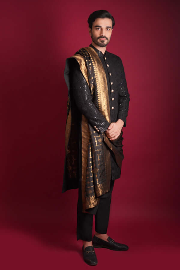 Jet Black Embroidered Wool Blend Sherwani (3-Piece) - Image 3