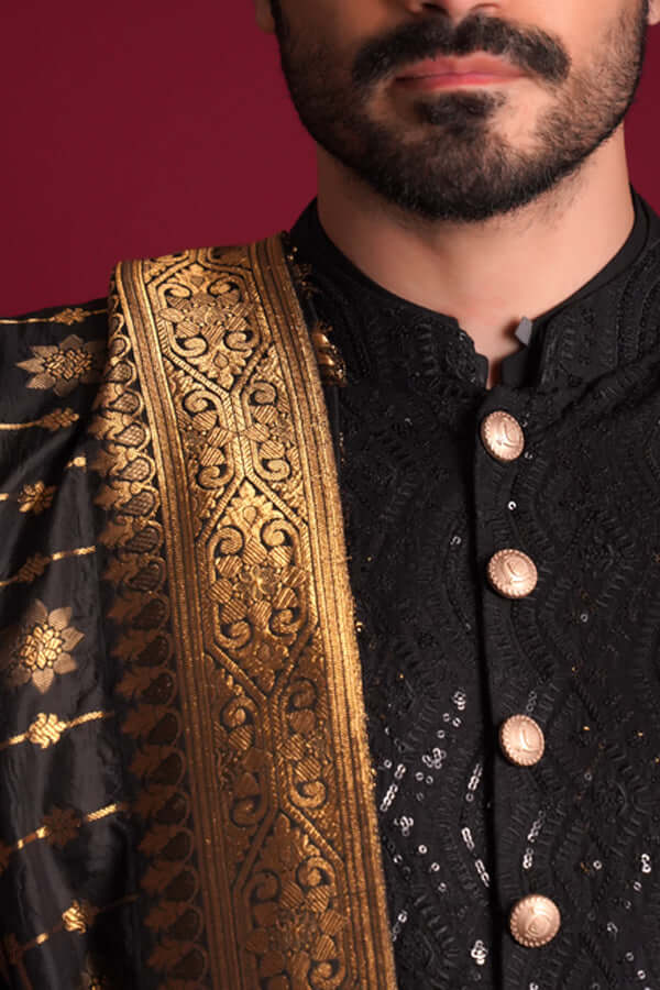 Jet Black Embroidered Wool Blend Sherwani (3-Piece) - Image 4