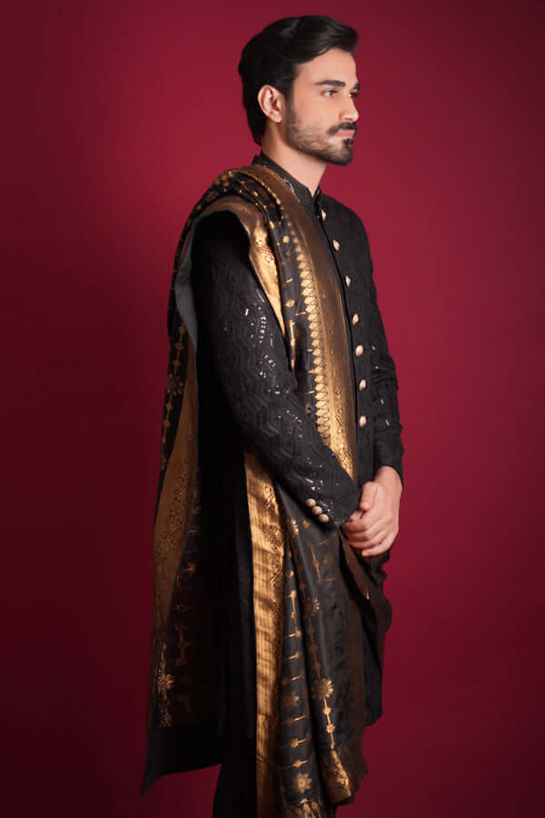 Jet Black Embroidered Wool Blend Sherwani (3-Piece) - Image 5