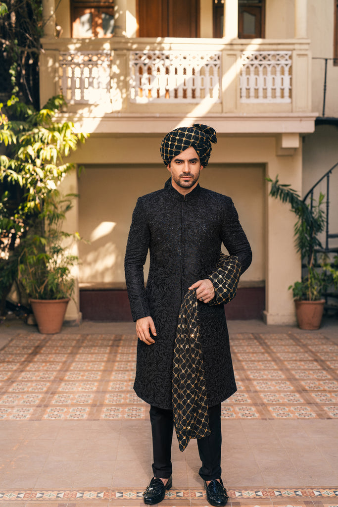 Black Cut Dana Hand-Embellished Sherwani (4-Piece) - Image 1