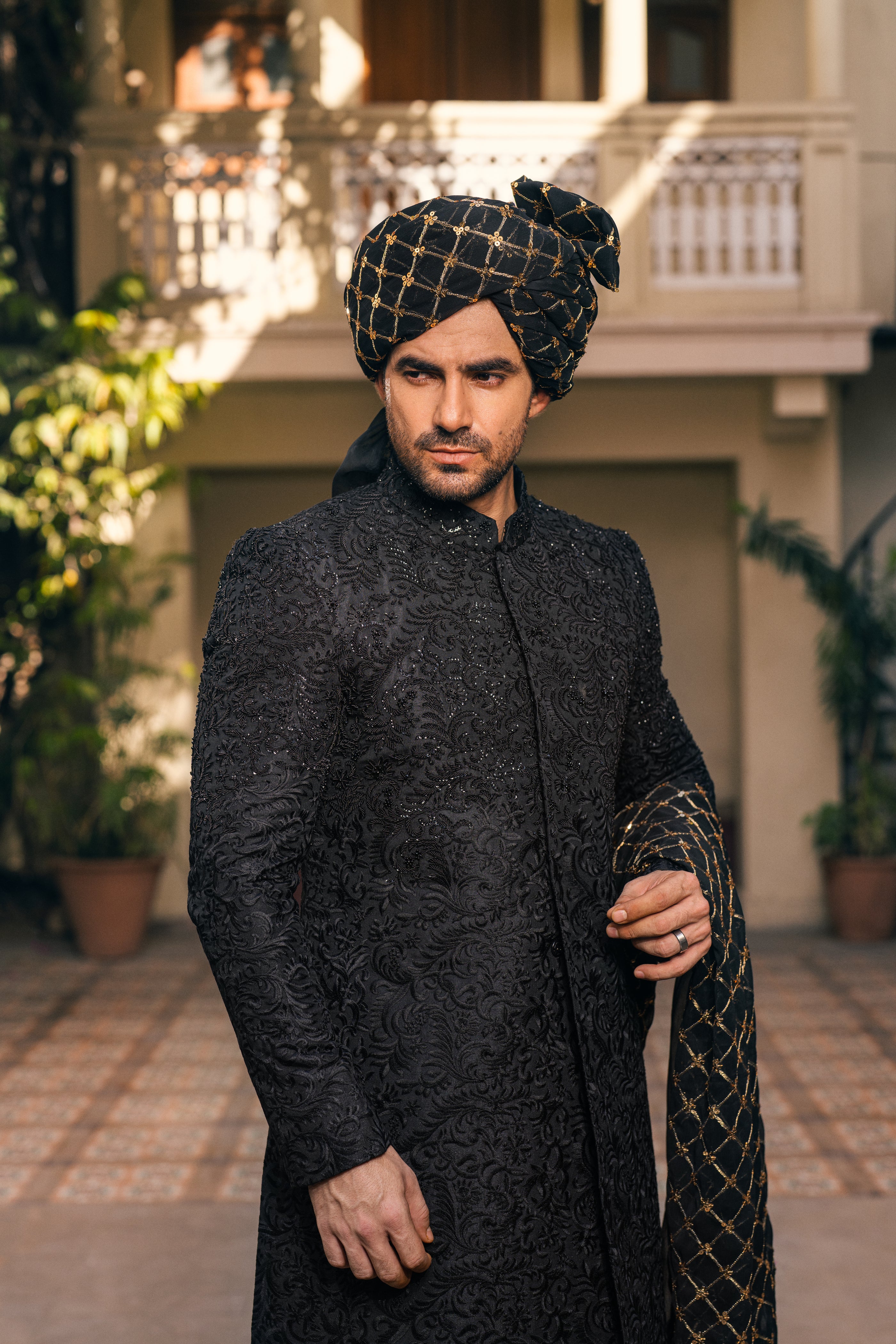Black Cut Dana Hand-Embellished Sherwani (4-Piece) - Image 3