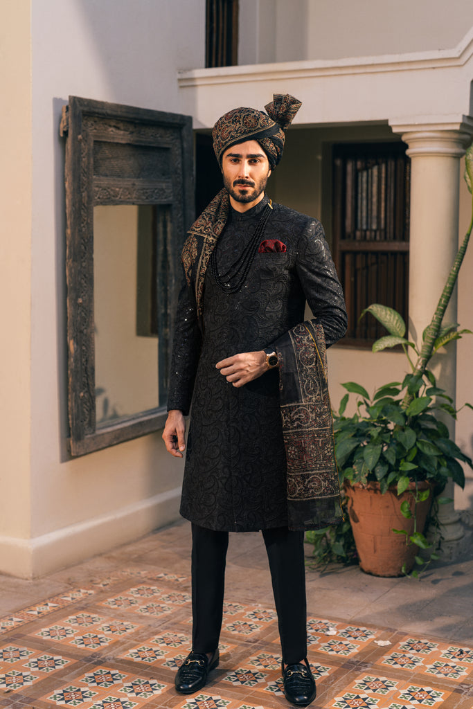 Black Self-Embroidered Sherwani (3-Piece) - Image 1