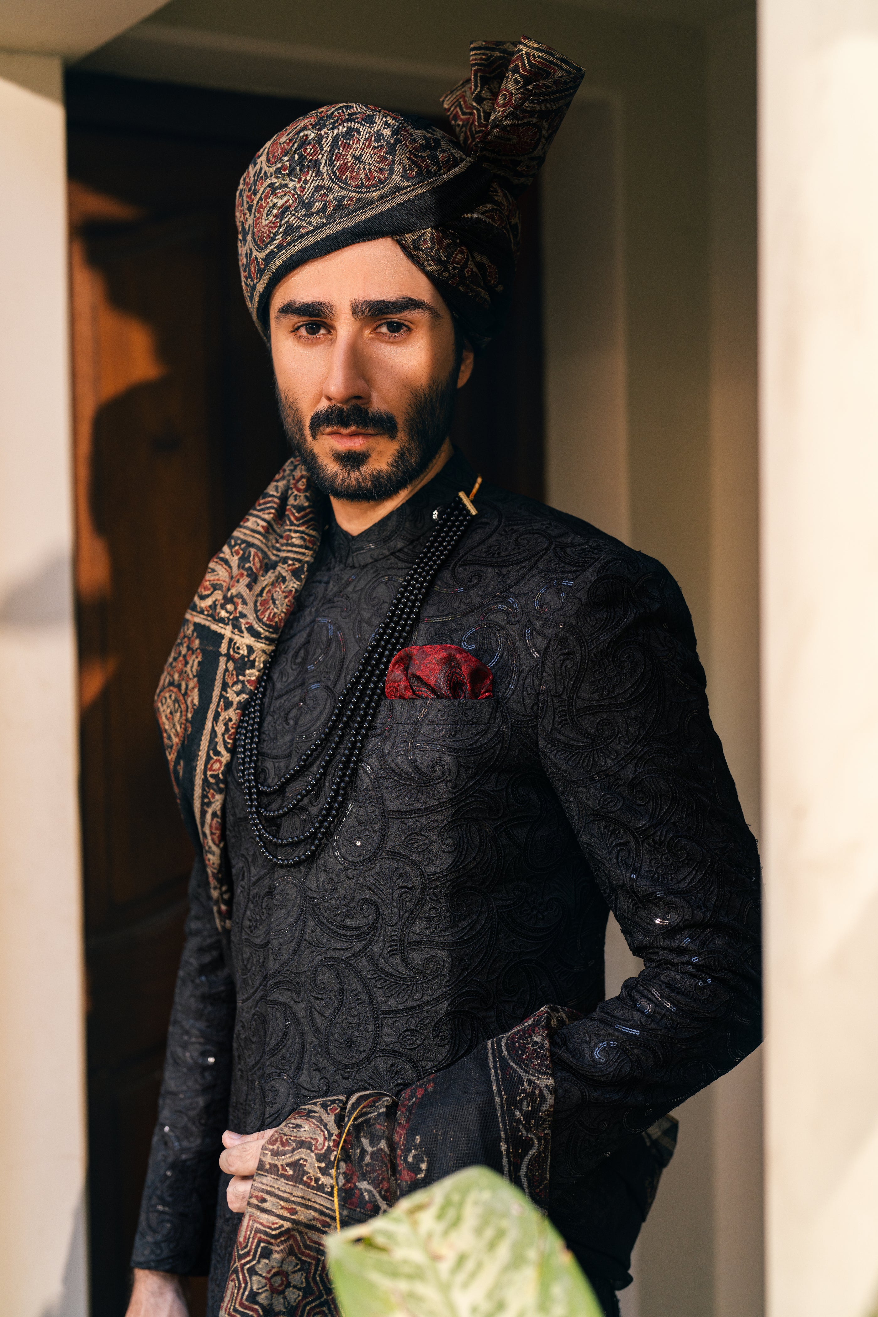 Black Self-Embroidered Sherwani (3-Piece) - Image 3