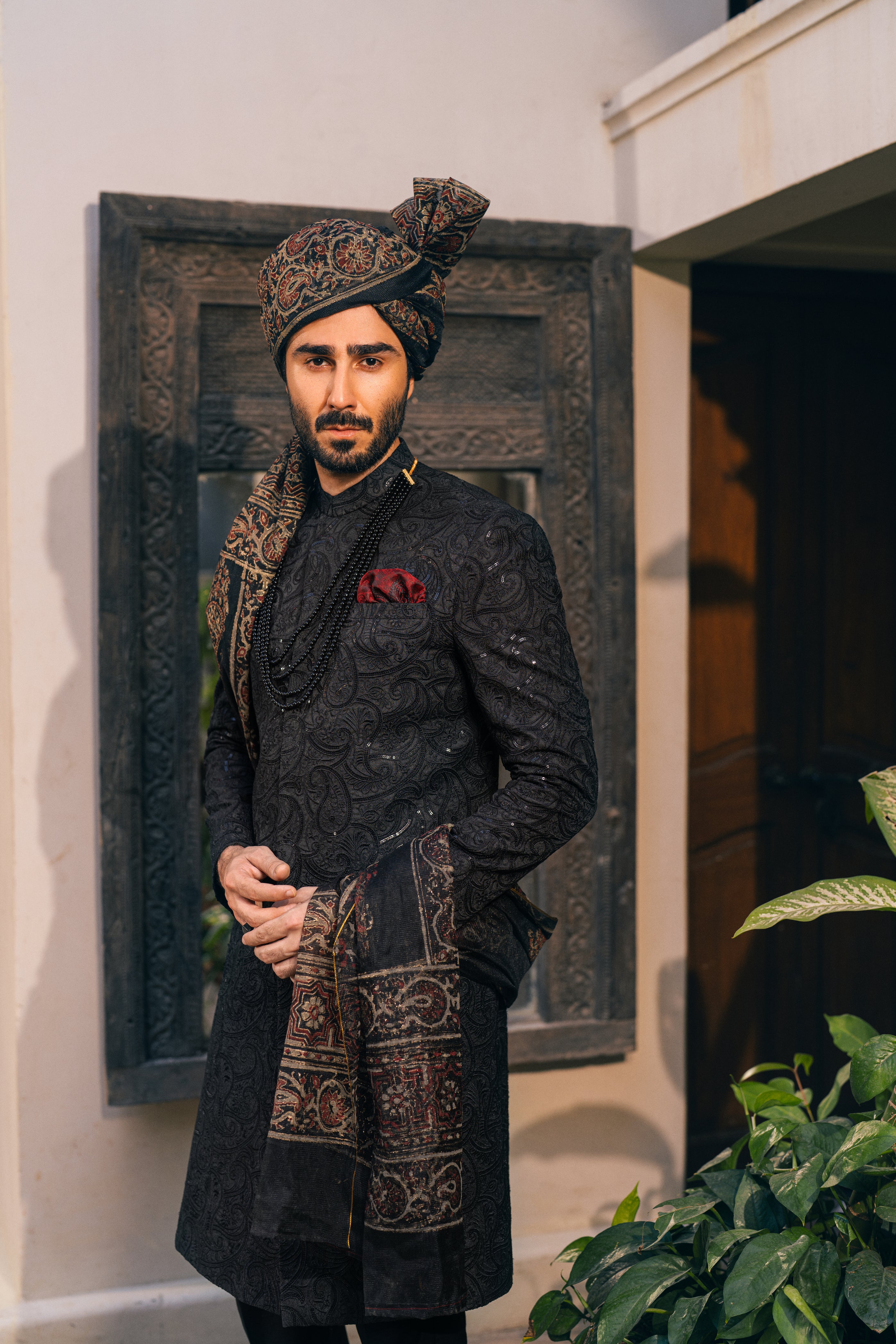 Black Self-Embroidered Sherwani (3-Piece) - Image 4
