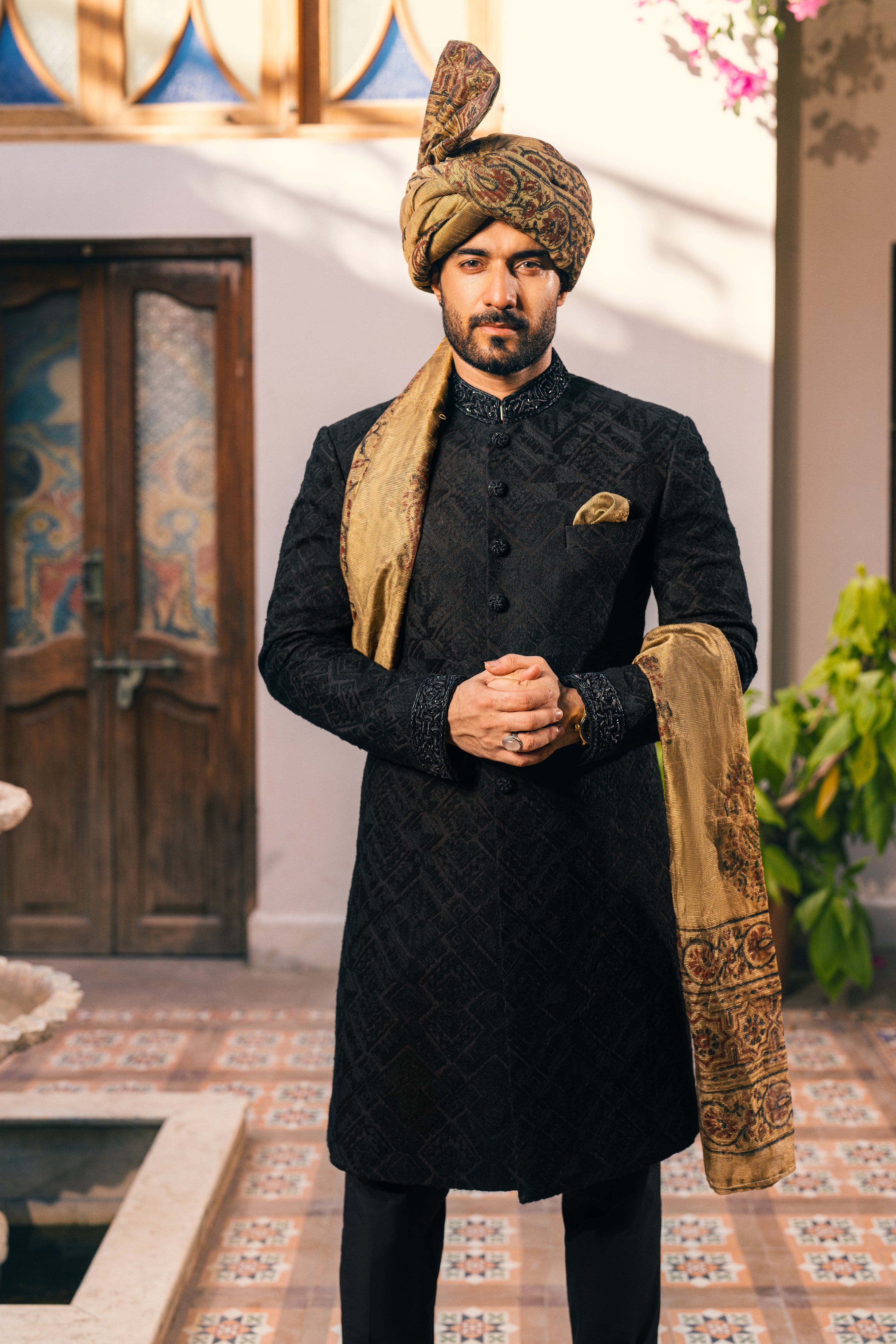 Black Self-Embroidered Woven Sherwani (3-Piece) - Image 3