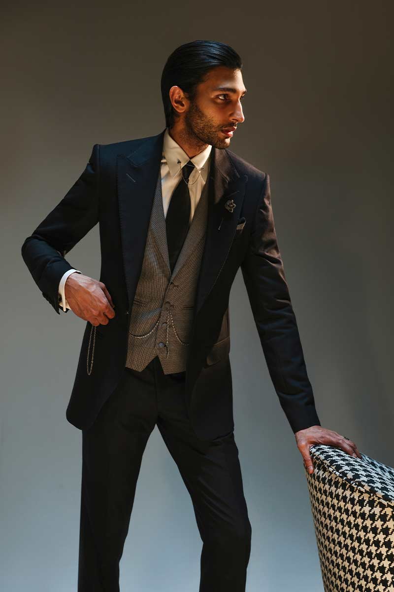 Black 3-Piece Wool Suit with Grey Waistcoat (Groom) - Image 2